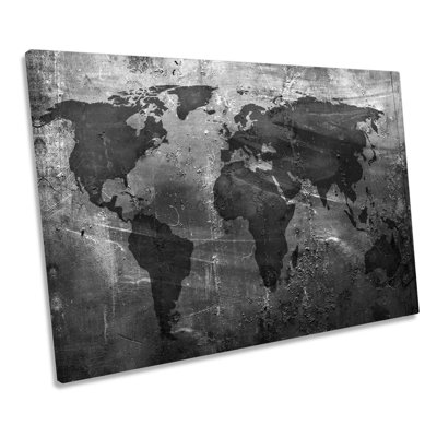Map Of World Grunge B&W - Wrapped Canvas Print