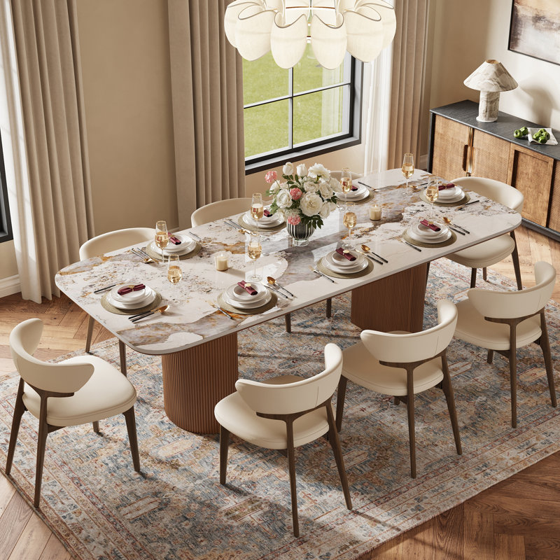 Noaah 71'' Modern Dining Table for 6, Travertine Texture Stone Tabletop, Wood Legs with Solid Wood Veneer, Pandora/Brown