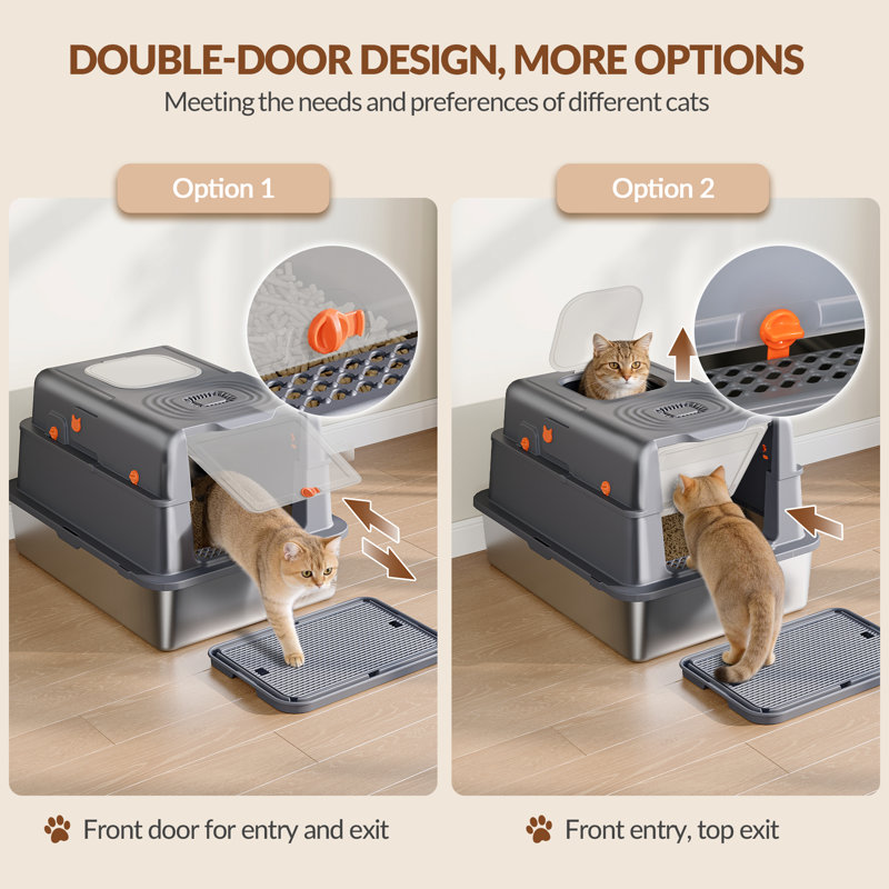 Stainless Steel Cat Litter Tray with Lid, XXXL Enclosed Removable Metal Cat Litter Box, 70 x 50 x 42 cm, 105° Hinged Lid, Includes Pedal and Scoop, Modular Design, Two Doors, Dark Grey 