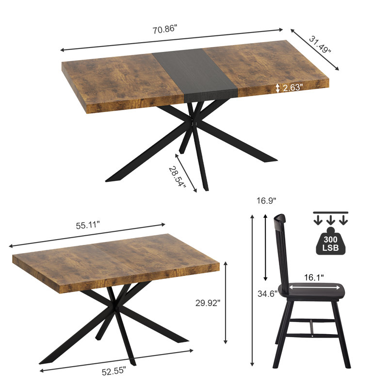 5 Piece Dining Room Set With 55-71 Inch Expandable Rectangle Dining Table And 4Pcs Windsor Dining Chair