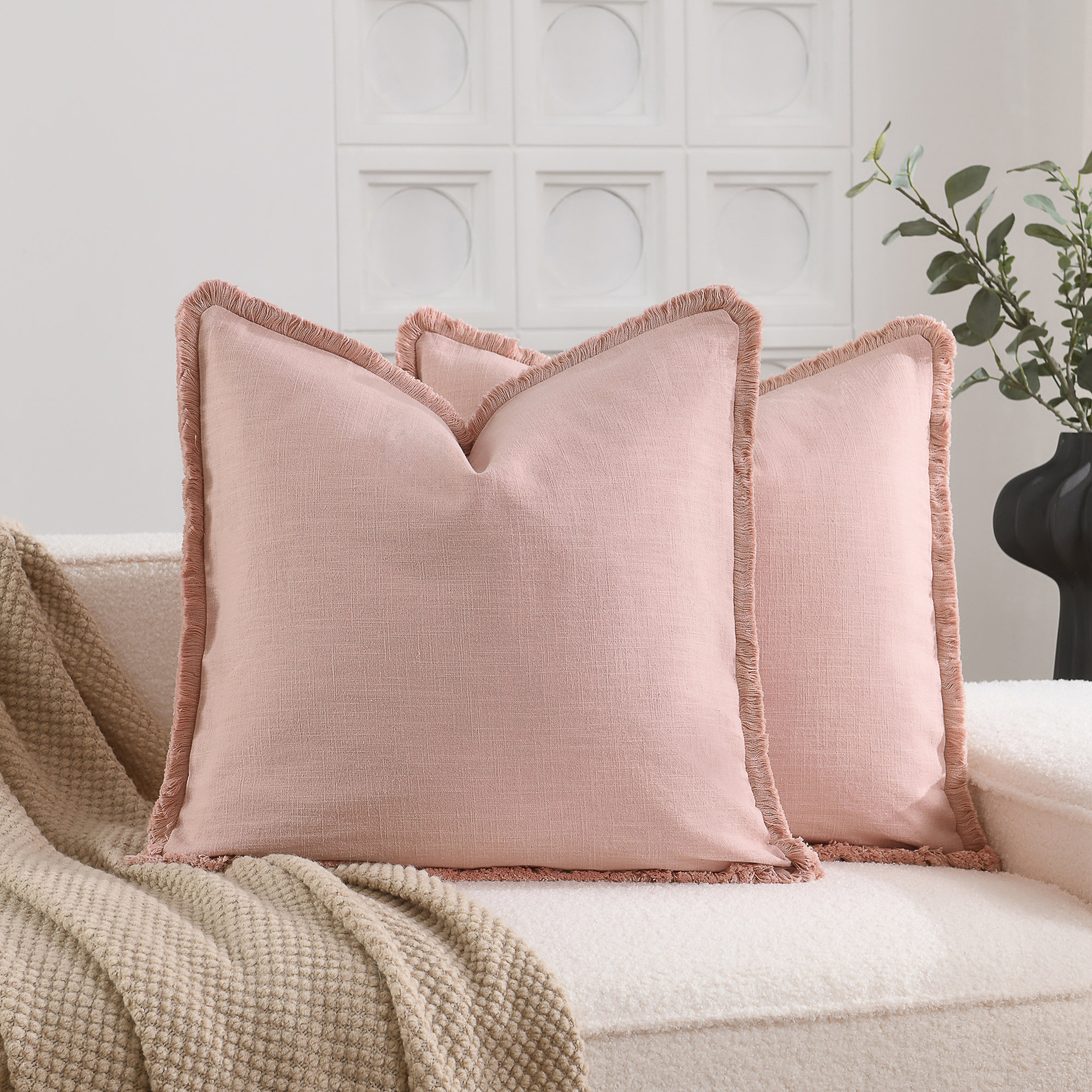 Cozy Soft Washed Linen Textured Boho Farmhouse Pillow Cover With Tassels Edge