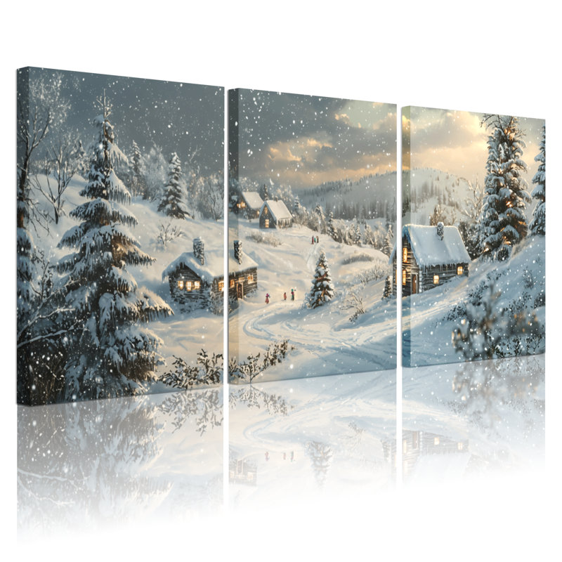 «Christmas Winter Landscape Snowy Village Cabin Trees», ensemble de 3 impressions sur toile