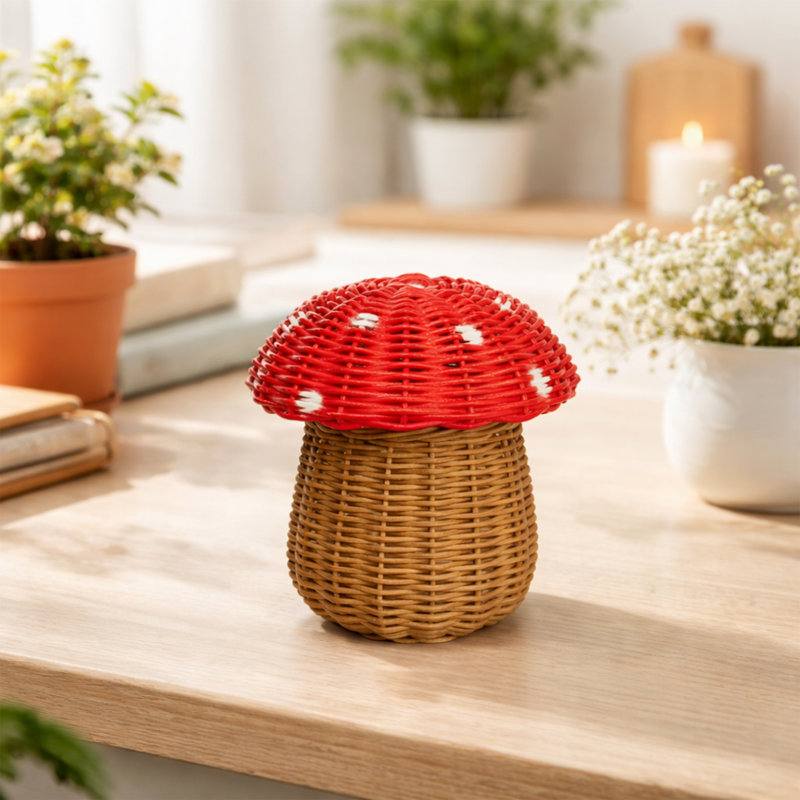 Celesse Mushroom Rattan Storage Basket with Lid Decorative Bin Home Decor Hand Woven Shelf Organizer Cute Handmade Handcrafted Gift Art Decoration Wicker