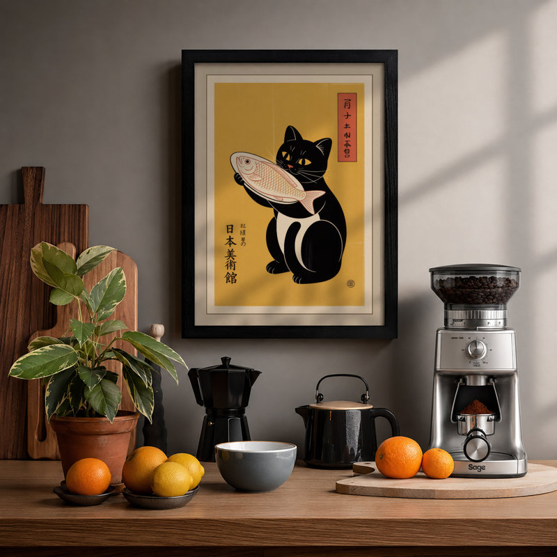 Cat with Fish Japandi - Framed Print, Black, A4 - 29.7 x 21.0 cm