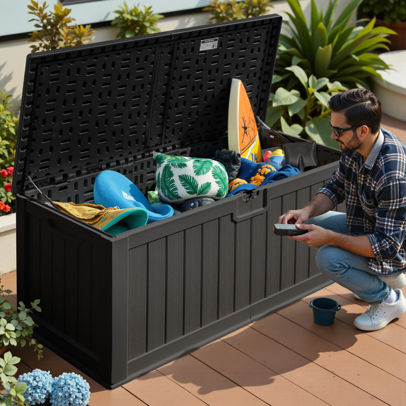 Boîte de rangement de terrasse intérieure verrouillable 230 gallons avec séparateurs amovibles, Noir