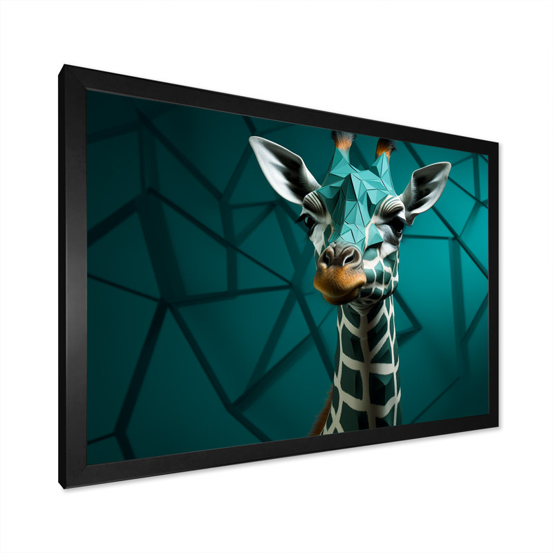 Girafe verte cubiste Grace II, Cadre simple noir, H 34 po x l 44 po x P 1,5 po