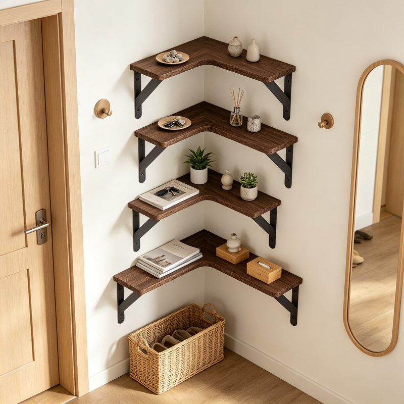 Ensemble de 5 tablettes de coin flottantes, étagères murales en bois pour le rangement et la présentation, élément de décoration polyvalent pour toutes les pièces.