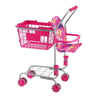 Chariot pour enfants, cadre en métal robuste, chariot à jouets avec poupée, 4 roulettes, porte-siège de poupée, chariot de jeu pour jouer à l'épicerie, se plie pour un rangement facile, pour les tout-petits de 3 ans et plus