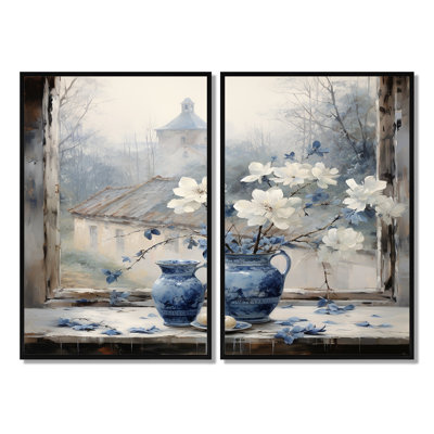 Charme de fenêtre floral blanc et bleu antique - grandes fenêtres, impressions sur toile