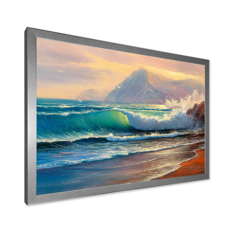 «Morning Sunlight On The Sea Waves III», peinture sur toile, H 12 po x l 20 po x p 1 po, Encadrement argenté