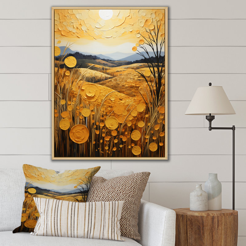 Campagne champ de blé doré III sur toile, Cadre naturel flottant, H 32 po x l 16 po x P 1 po