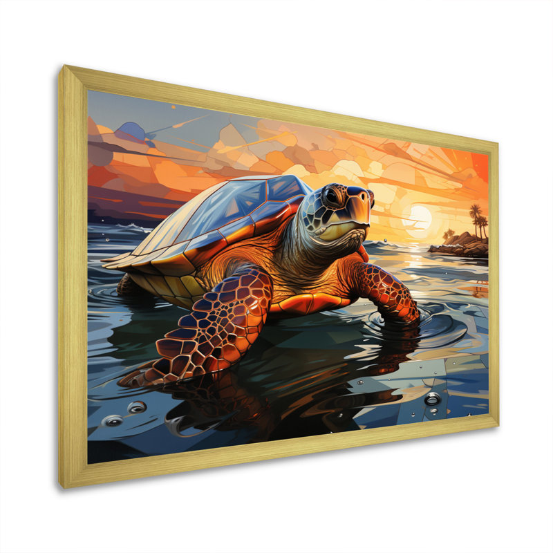 Portrait de tortue géométrique II, H 34 po x l 44 po x P 1,5 po, Cadre doré simple
