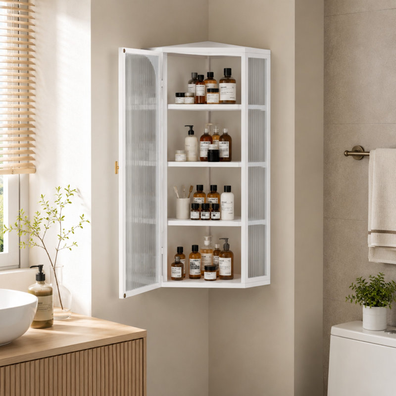 Meuble de coin mural avec porte en verre nervuré