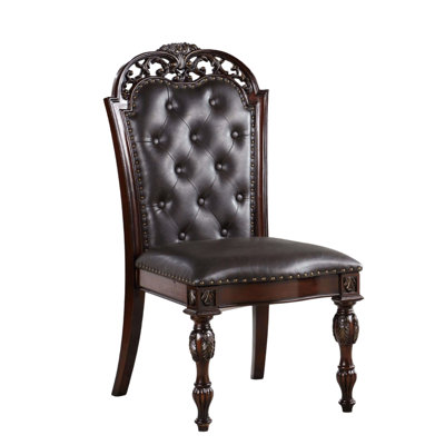 2Pc Traditional Brown Cherry Side Chairs, Solid Wood, , Luxury Dining Chair Of 2 Base, Button Armrest