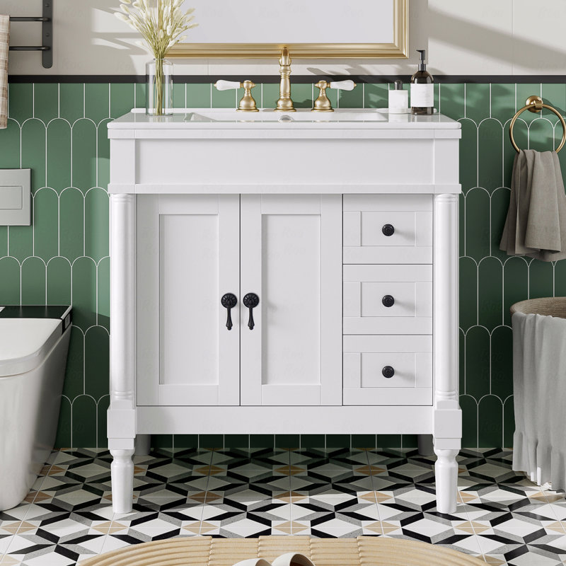 Meuble-lavabo moderne de 30 po, structure en bois massif et panneau de fibres à densité moyenne, 2 portes à 3 tiroirs, conception à fermeture en douceur, tablette ajustable en U, lavabo en céramique