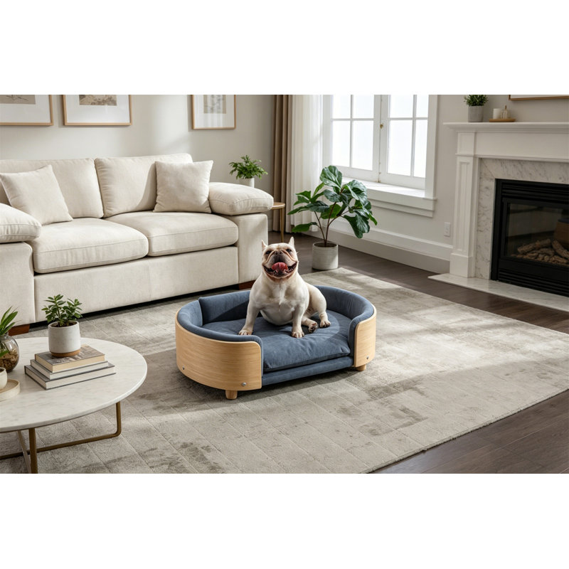 Lit pour chien surélevé de style scandinave avec pattes en bois massif et dossier en bois courbé, 9.85" H x 30.7" W x 20.8" D