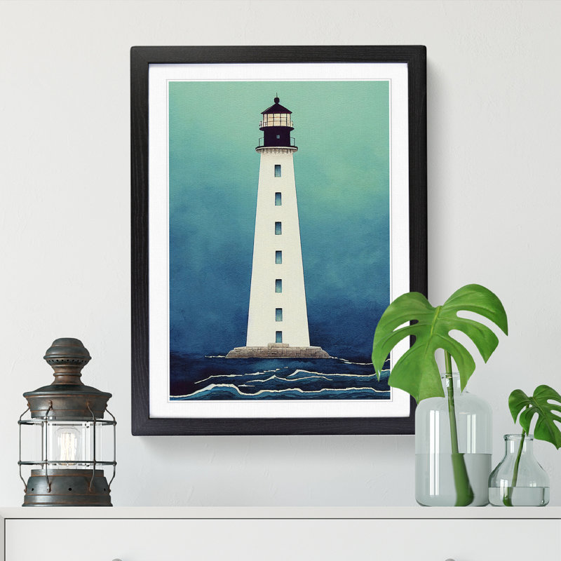 Watercolour Lighthouse - Single Picture Frame Print, Black, 34cm H x 25cm W x 2cm D