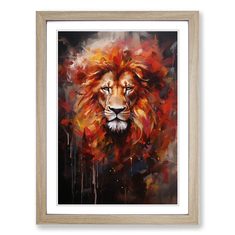 Lion Modern No.3 - Single Picture Frame Print on Wood, Oak Framed, 64cm H x 46cm W x 2cm D