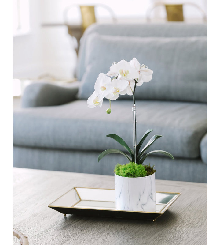 White Faux Orchid Arrangement in Marble Pot