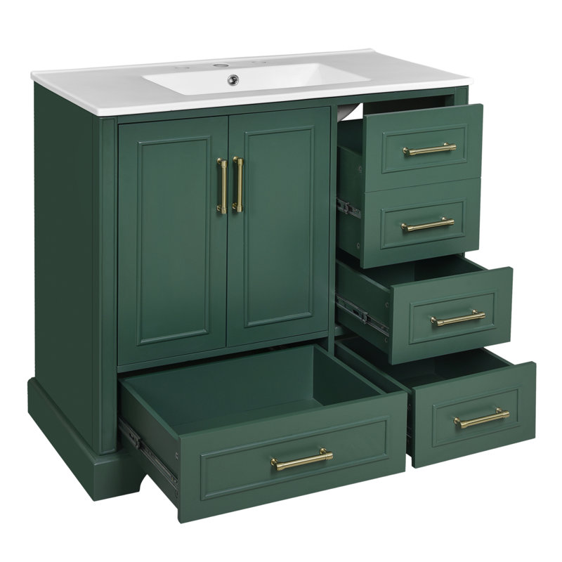 Meuble-lavabo avec lavabo en céramique / 7 portes / tiroir / tablette réglable / meuble-lavabo, Vert