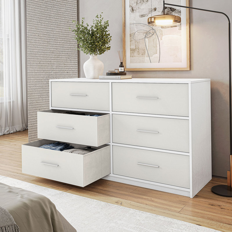Commode 6 tiroirs avec tiroirs en tissu, Blanc