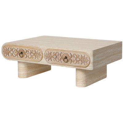 Rounded Edge Coffee Table With Flower Pattern Solid Wood Drawer, Fit For Smaller Rooms, Warm - Tone Finish, 39.4'' Length Drawer Table, Contemporary Aesthetic, L X 23.6'' W 13.8'' H Limited Spaces