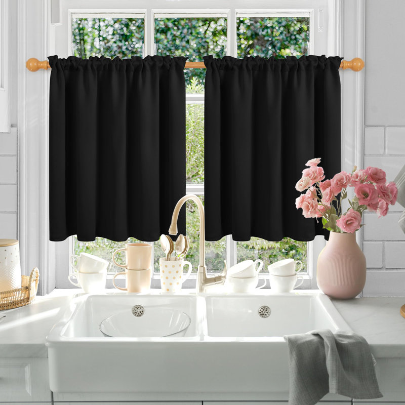 Short Room Darkening Thermal Insulated Window Curtains (Set of 2), 42" W x 24" L, Black