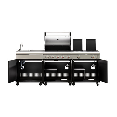 Îlot de cuisine extérieur modulaire 3-en-1 Brand-man - Barbecue au gaz à 5 brûleurs avec plaque chauffante, plaque de cuisson à deux zones, brûleur latéral infrarouge à 800 ° C, évier et rangement | Acier inoxydable 304 | 995 pouces carrés Surface de cuisson | 67 000 BTU
