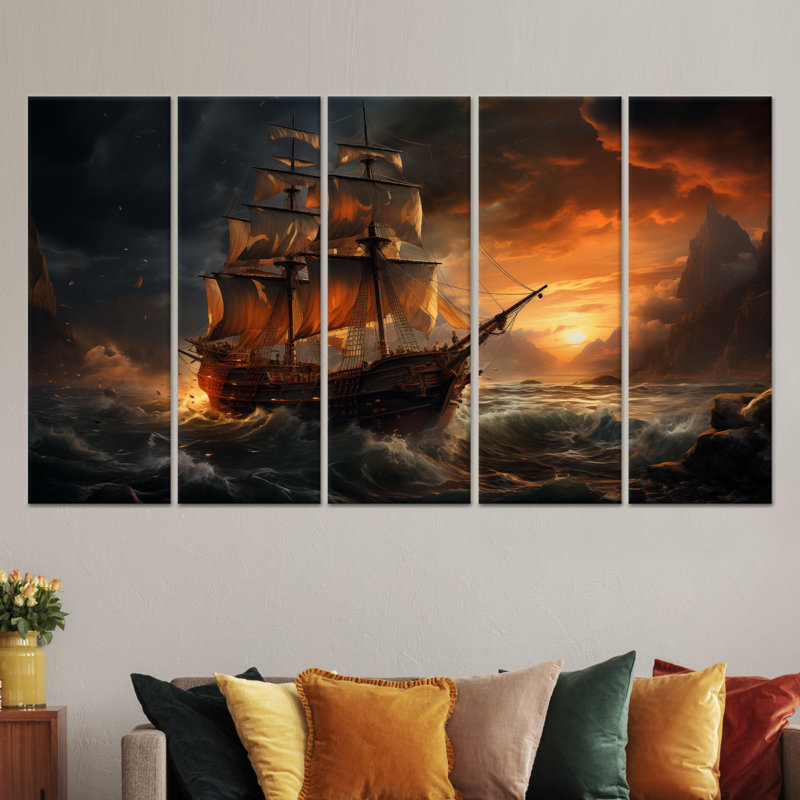 Impression sur toile Elegant Sunset Seascape Fantasy Ship pour la décoration intérieure, toile tendue 5P