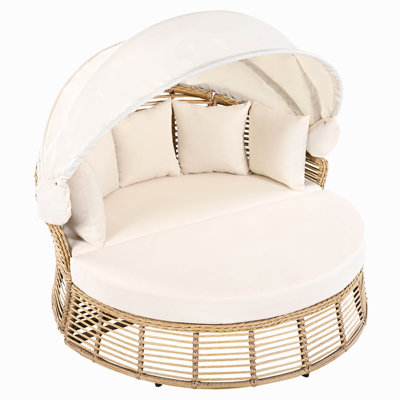 Outdoor Patio Rattan Round Daybed With Retractable Canopy, Wicker Furniture Round Poolside Sofa Sunbed With Removable Cushions, Backyard, Porch