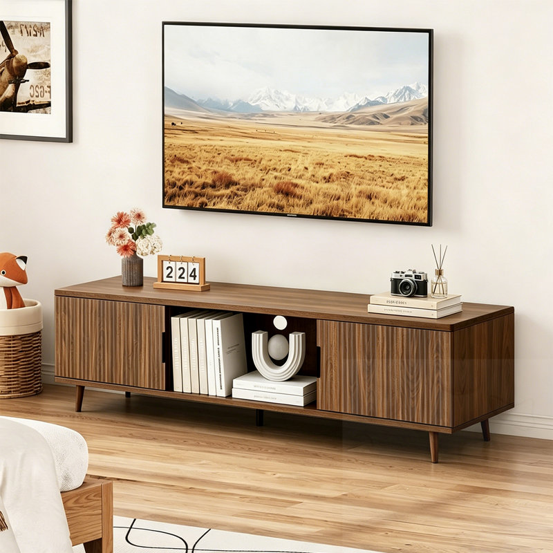 Meuble télé cannelé avec tablettes ouvertes