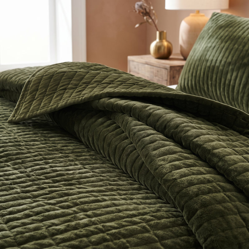 Wonderful Velvet 3-piece reversible quilt set, Queen Quilt + 2 Standard Shams, Dark Green
