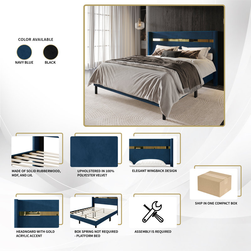  Velvet Platform Wingback Bed , Twin, Navy Blue