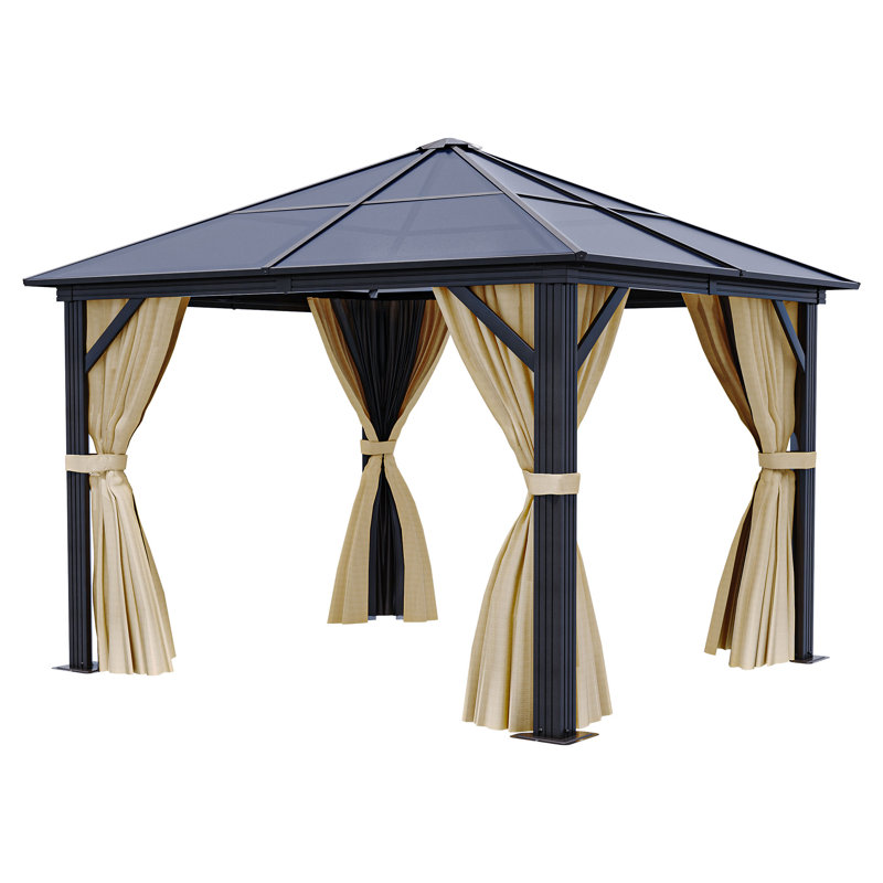 10ft x 10ft Hardtop Gazebo, Patio Gazebo, Outdoor Paviliion, Outdoor Canopy Gazebo with Double Layered Curtains : Netting Mesh and Polyester Curtains