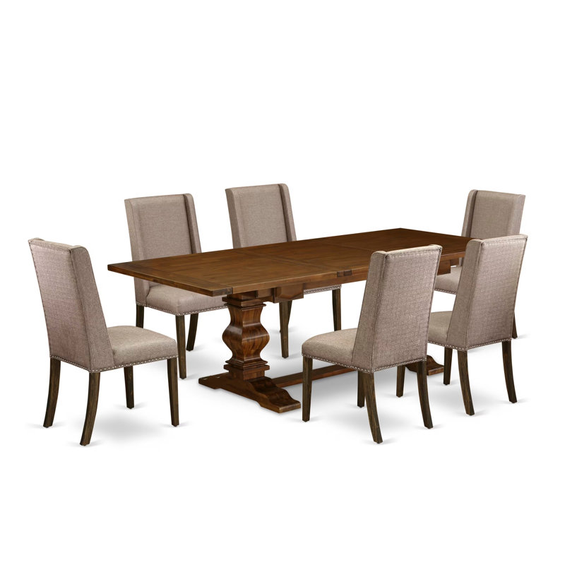 Ensemble de table de salle à manger 7 pièces composé d'une table de salle à manger rectangulaire avec rallonge amovible et 6 chaises Parson en tissu de lin kaki foncé, noyer antique