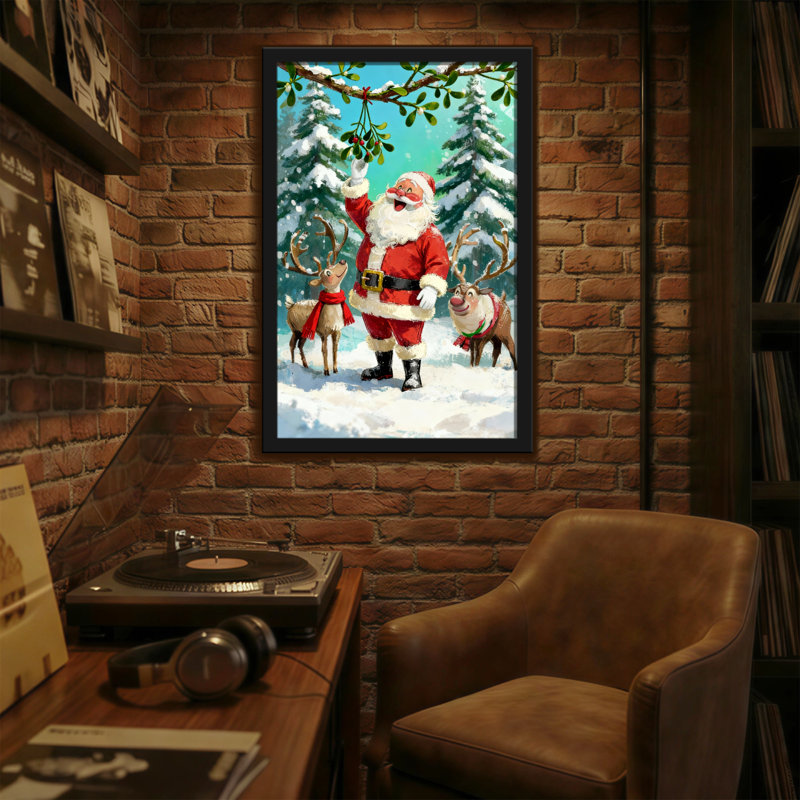 Noël père Noël avec renne dans la forêt enneigée, H 18 po x l 12 po