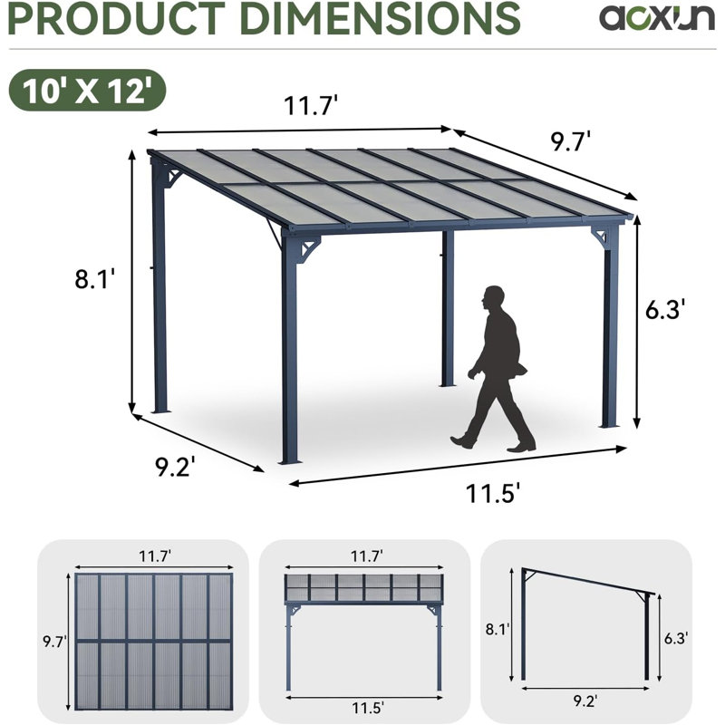 10' x 12' Gazebo for Patio, Gazebo Pergola with Sloped Roof, Large Wall-Mounted Heavy Duty Awnings