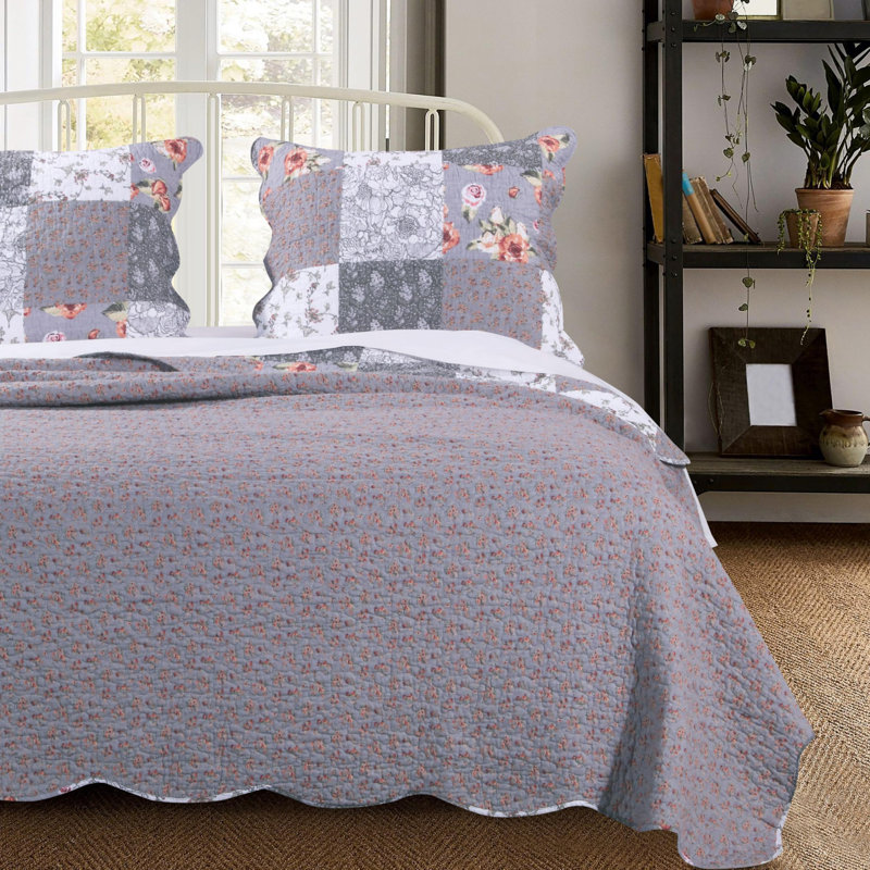 Floral Patchwork Gray and White Microfiber Quilt Set