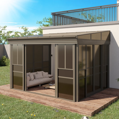 10x12 Ft Wall Mounted Sunroom, Lean-to Solarium with PC Roof, Sliding Doors & Windows, Outdoor Enclosed Gazebo for Patio, Deck & Poolside,  Brown