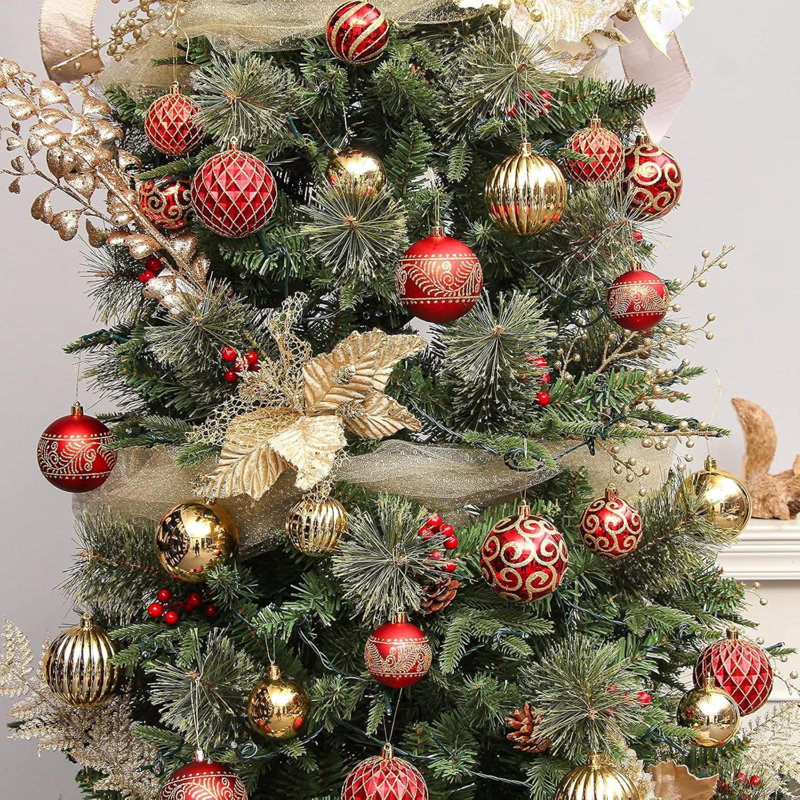 30 boules de sapin de Noël, décorations de Noël de 2,36 po, décorations incassables de boules de Noël peintes de couleur dorée et rouge