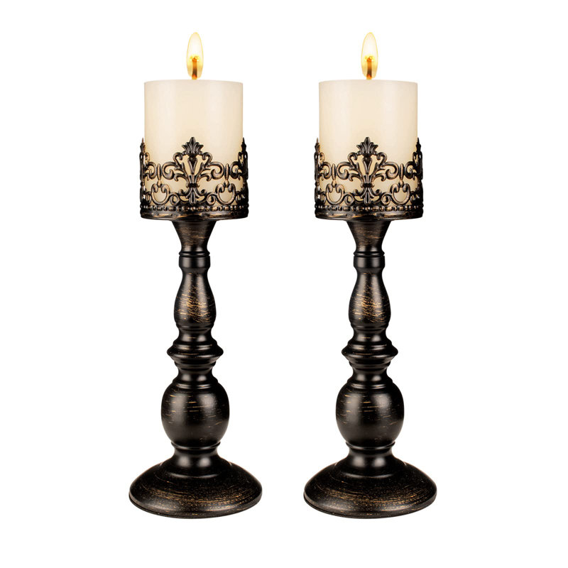 Ensemble de 2 porte-bougies pour chandelles à pilier de style rétro gothique avec 2 grands centres de table décoratifs (2 pièces A)