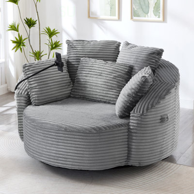 360° Swivel Chair Accent Barrel Chair Corduroy Round Sofa Chair With 5 Throw Pillows And An Adjustable Phone Holder For Living Room, Bedroom, Office And Hotel