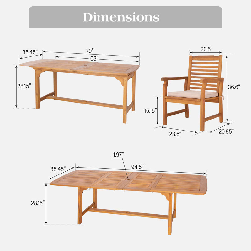 Susa 8 - Person Acacia Wood Patio Dining Set with Extendable Rectangular Table , Cushions Included