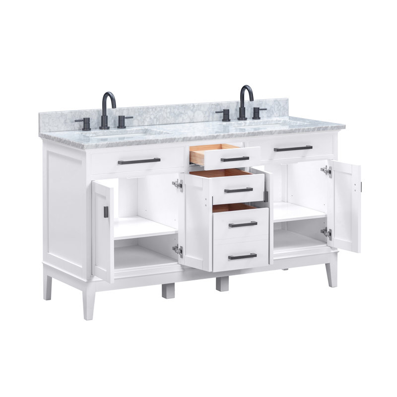 Meuble-lavabo double 60 po Anglet, Blanc de Carrare, Blanc