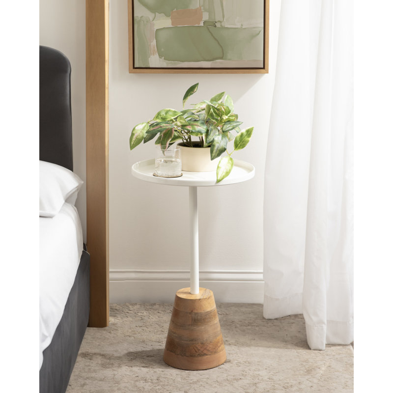 Lodia Round Wood and Metal End Table, Tan, White