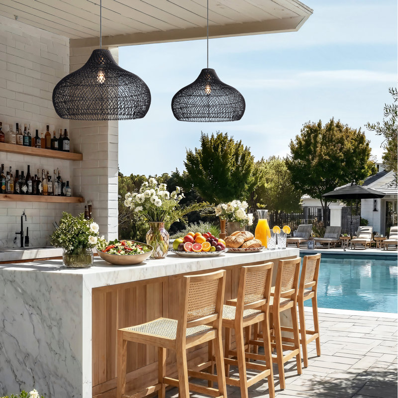 Latigo Outdoor Rattan Pendant Light - 24" Black Dome 1-light Polished Handwoven Adjustable Light Fixture For Patio, Porch & Entryway In Modern, Traditional, Boho & Coastal Style