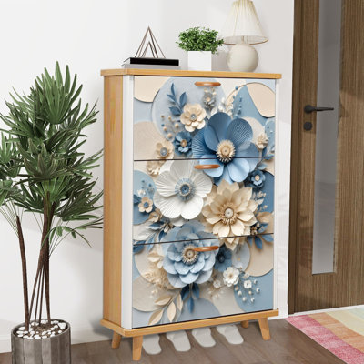 Armoire de rangement pour chaussures avec 3 tiroirs rabattables pour élégantes fleurs en papier beiges bleues et pétales superposés