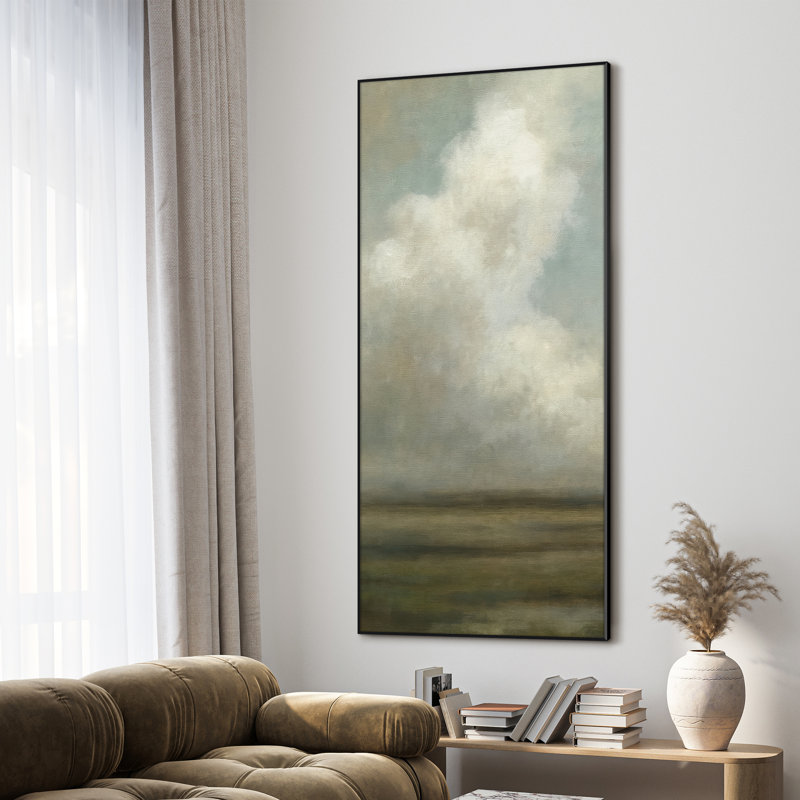 Extra Large Serene Cloudy Sky Landscape Wall Art Print - Neutral Soft Tone Artwork Vintage Decor for Living Room or Bedroom, Frame Assembly Required (Frame Assembly Required)