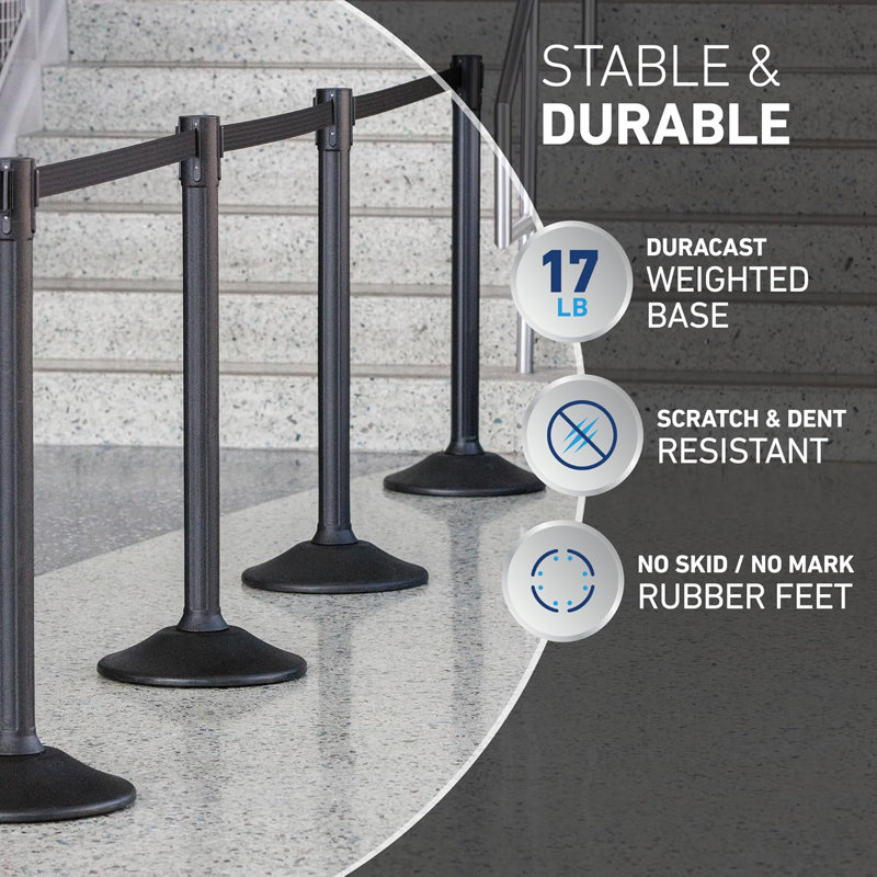 US Weight Black Plastic Stanchion for Crowd Control with 6.5' Retractable Black Barrier Belt with Tool-Free Assembly and Belt Ends that Fit Most Brands - 2 PK