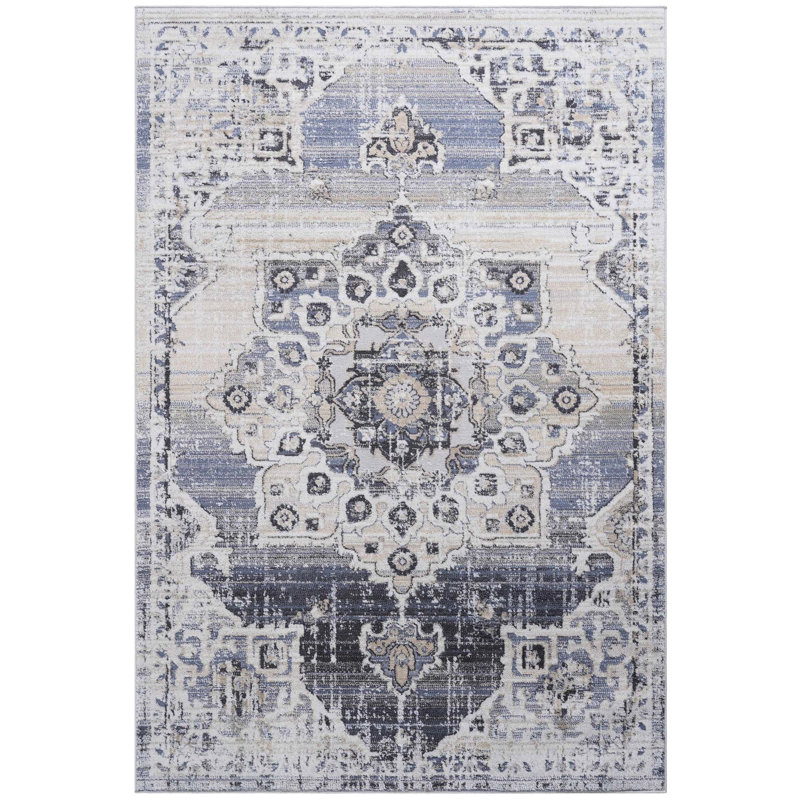 5X7 Cream/Blue Medallion Area Rug - Non-Shedding, Stain , Suits Dining Room, Home Office, Nursery Non-Shedding Fits Bedroom, Eat-In Kitchen, Office
